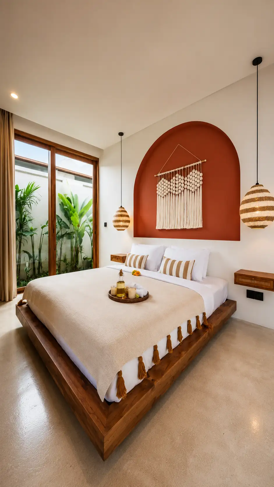 Bohemian spa massage room interior in Denpasar Kuta Bali featuring a wooden bed and terracotta wall accent. Aura Blom Masas Bali.